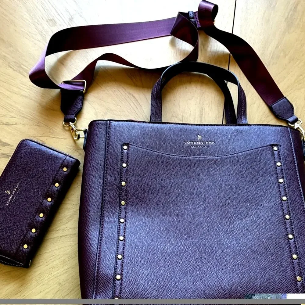 London Fog Sofia Studded Tote Bag & Matching Wallet Plum Burgundy Career Laptop